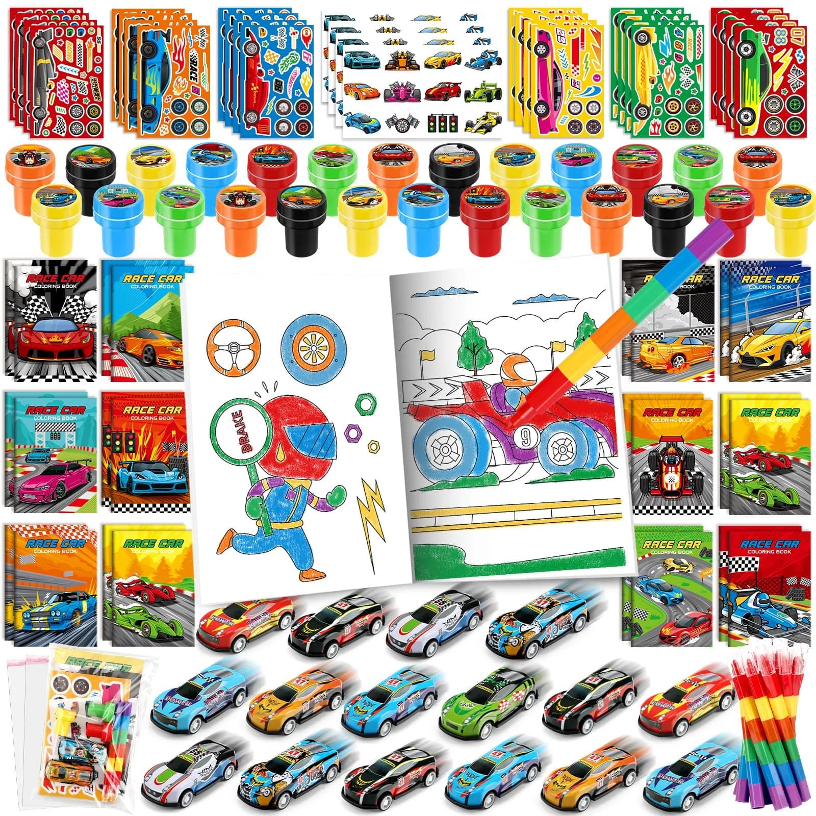 BenLouis Race Car Coloring Set for Kids | 168-Piece Party Favors with Mini Toys & Stickers - main product image