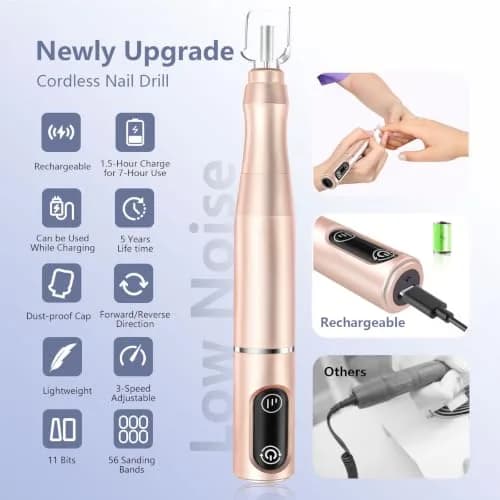 TUOBEO Cordless Nail Drill Electric Nail File Kit, Rechargeable Efile Set with 11 Bits & 56 Sanding Bands | 20,000 RPM Professional Portable thumbnail 4