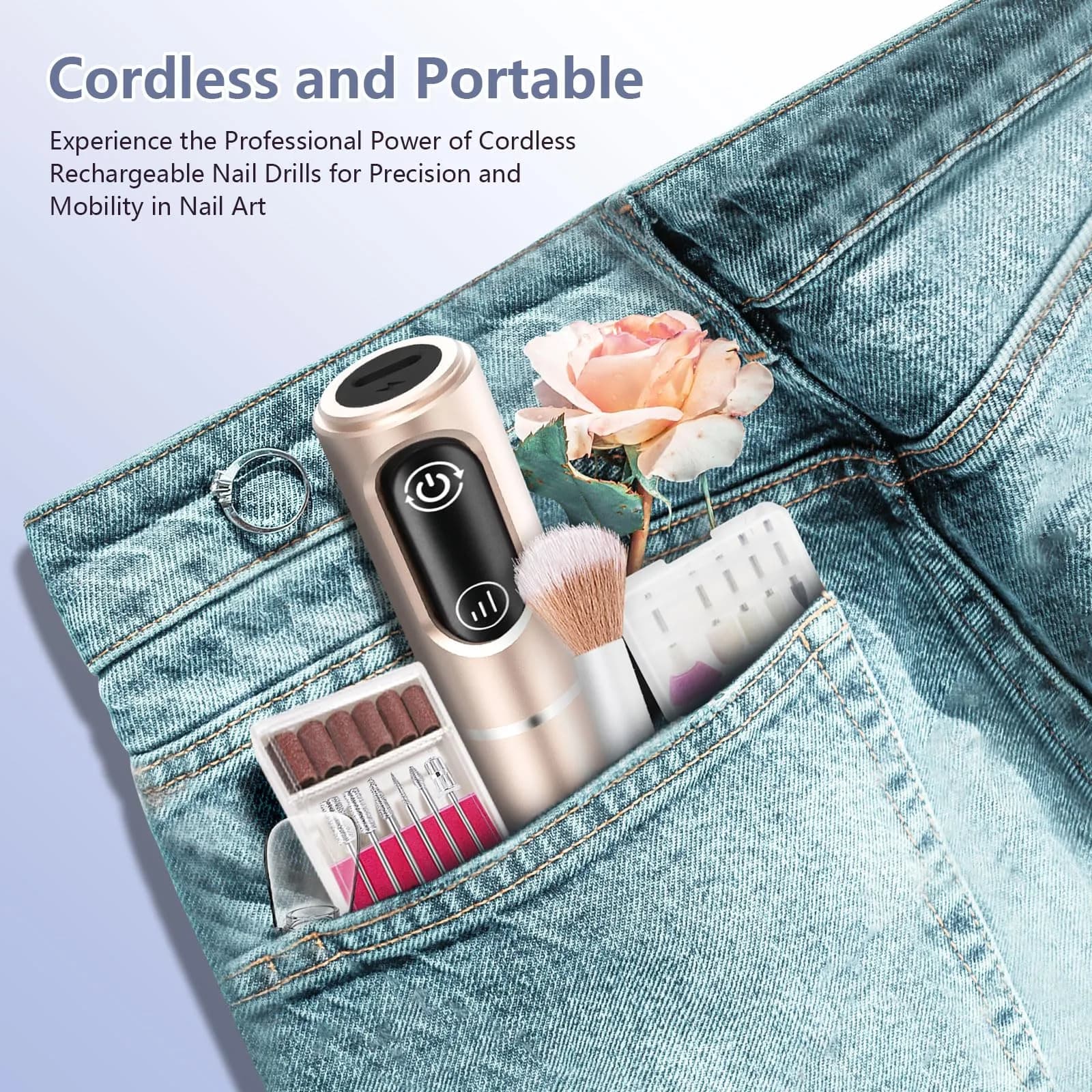 TUOBEO Cordless Nail Drill Electric Nail File Kit, Rechargeable Efile Set with 11 Bits & 56 Sanding Bands | 20,000 RPM Professional Portable - view 7