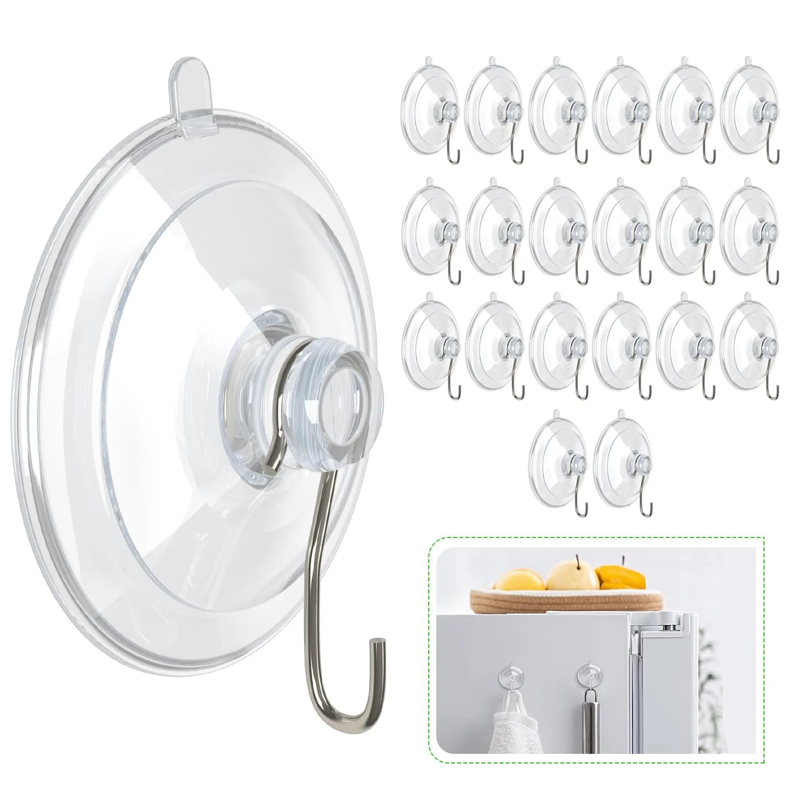 Hangerspace Suction Cup Hooks, 20 Pack | Clear PVC & Stainless Steel, Reusable, 1.77 Inch Diameter — Clear