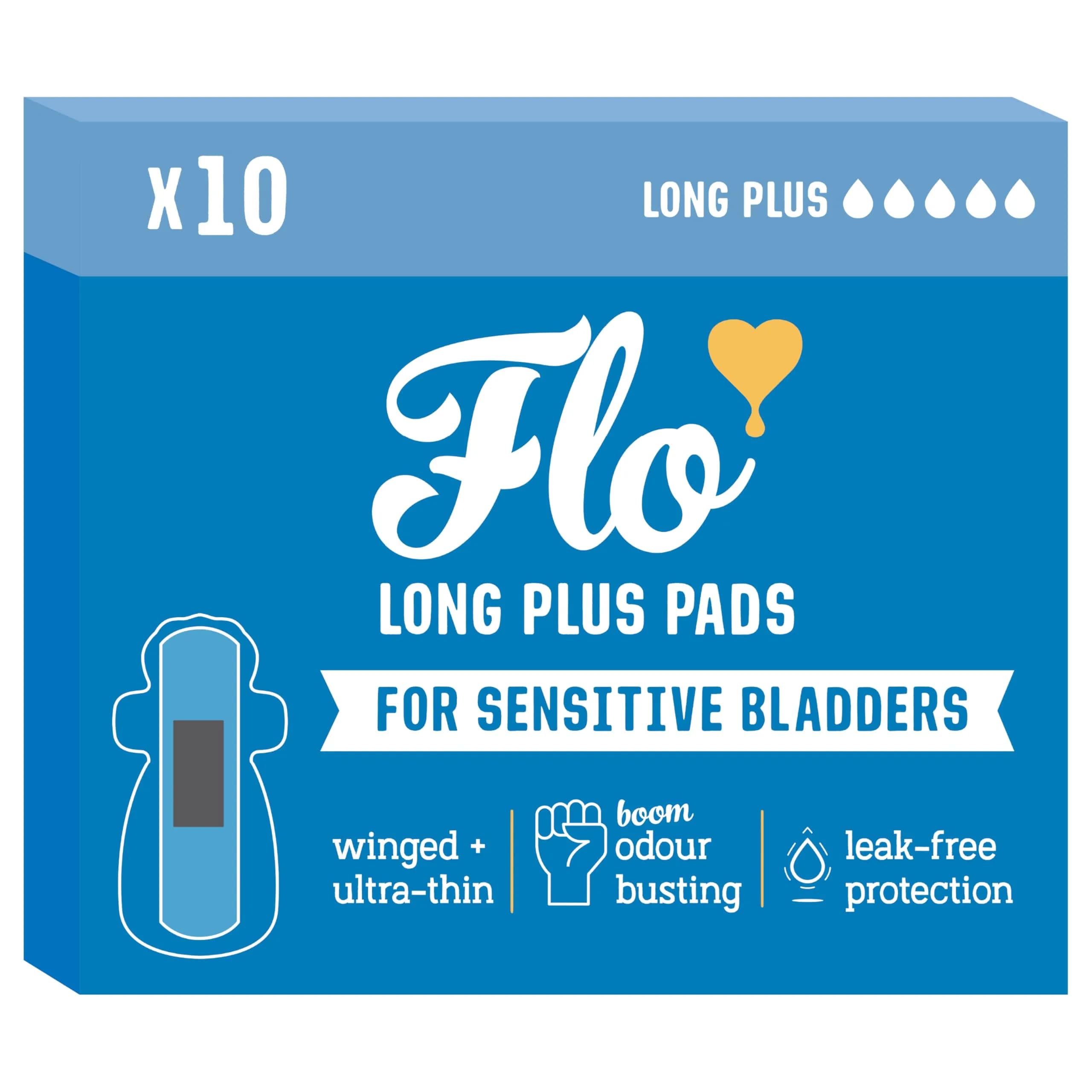 FLO Sensitive Bladder Long Plus Pads 10 Pack | Ultra-Thin Organic Bamboo, Breathable & Leakproof for Women