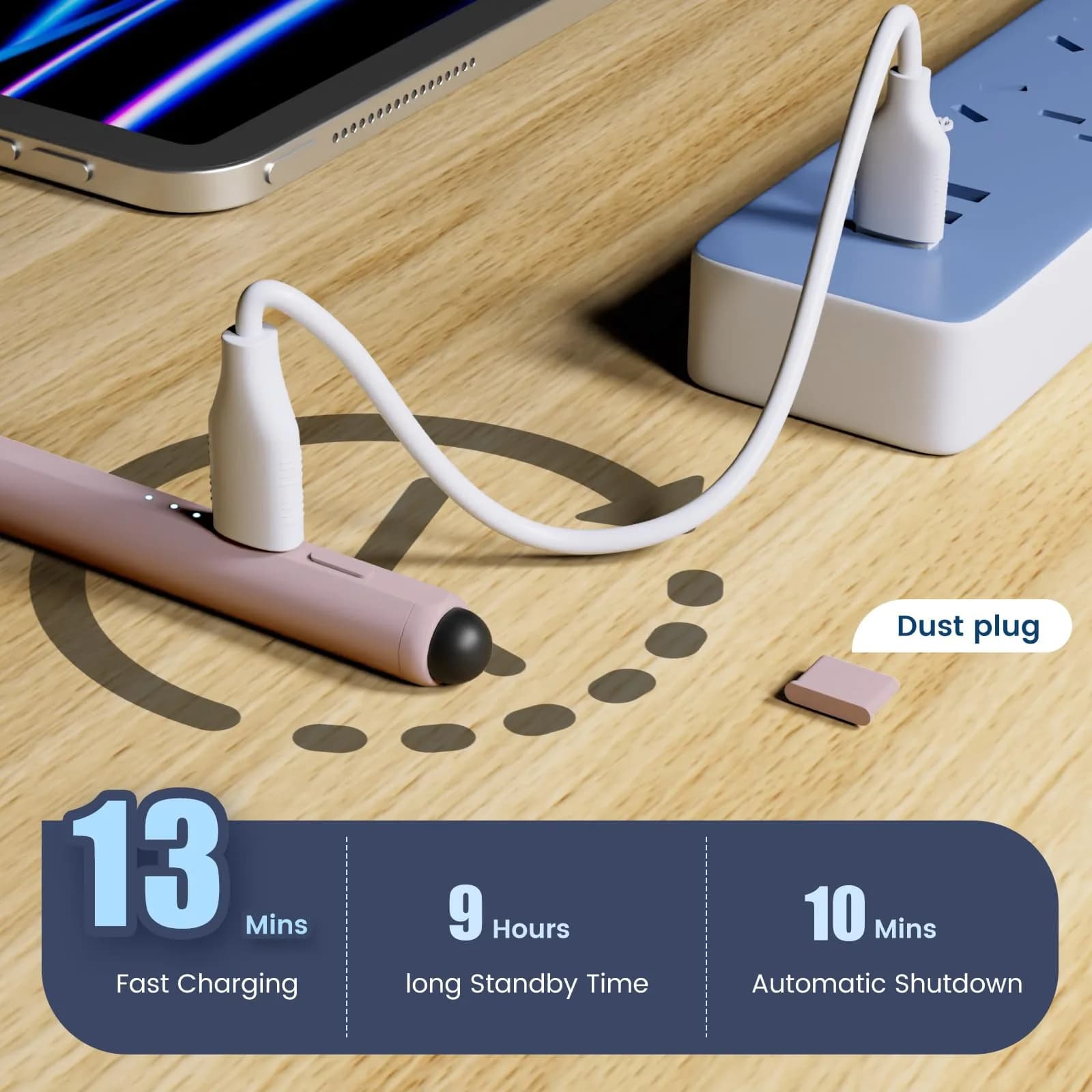 STYLUSHOME Active Stylus Pen for iPad 10th/9th/8th/7th/6th Gen, Pro 11"/12.9"/M4, Air 5/4/M2, Mini 5/6 — 165mm, Pink | 13-Min Fast Charge, 9-Hr Use, Tilt-Sensitive - view 6