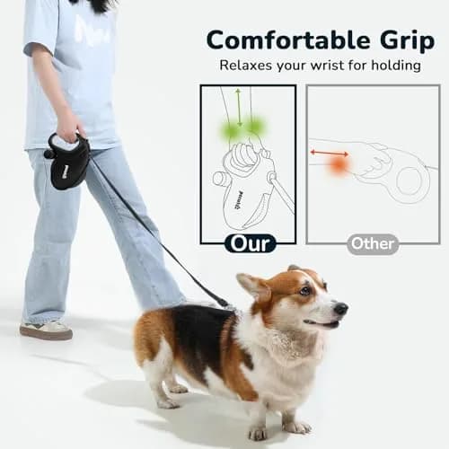 Pecute 32ft Retractable Dog Leash with Reflective Strips | 360° Tangle-Free Nylon, One-Button Control, Poop Bag Holder for Medium & Large Dogs thumbnail 6