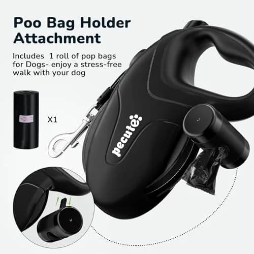 Pecute 32ft Retractable Dog Leash with Reflective Strips | 360° Tangle-Free Nylon, One-Button Control, Poop Bag Holder for Medium & Large Dogs thumbnail 7