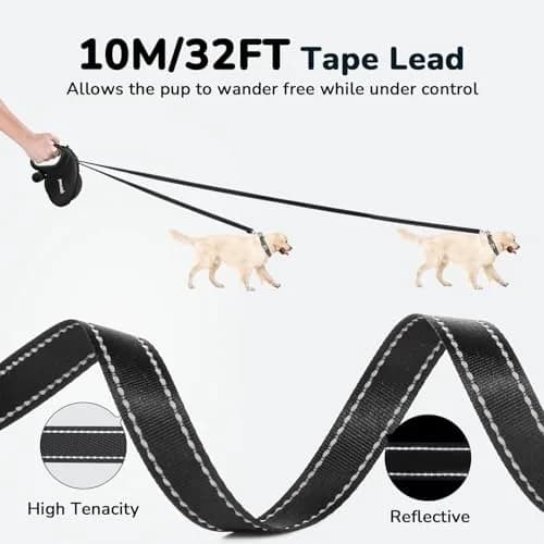Pecute 32ft Retractable Dog Leash with Reflective Strips | 360° Tangle-Free Nylon, One-Button Control, Poop Bag Holder for Medium & Large Dogs thumbnail 2