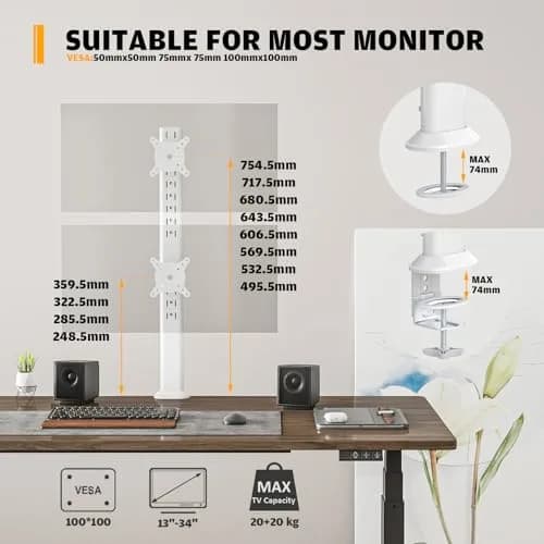 Hemudu Dual Monitor Articulating Desk Mount White | Supports 13-34 Inch Monitors thumbnail 5