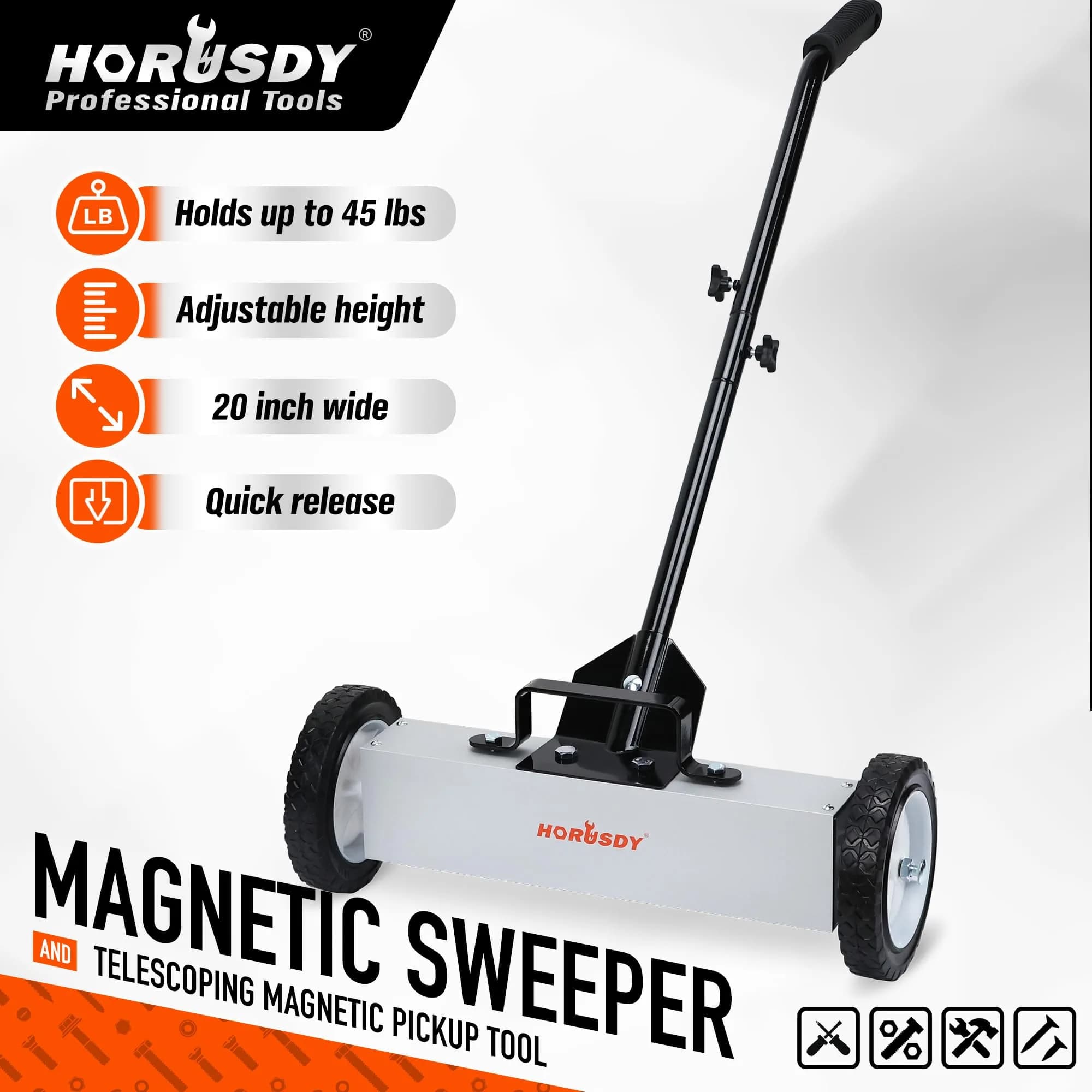HORUSDY 18-Inch Rolling Magnetic Sweeper with Wheels, 45LBS Pickup Power | Workshop, Garage, Yard Cleanup - view 2