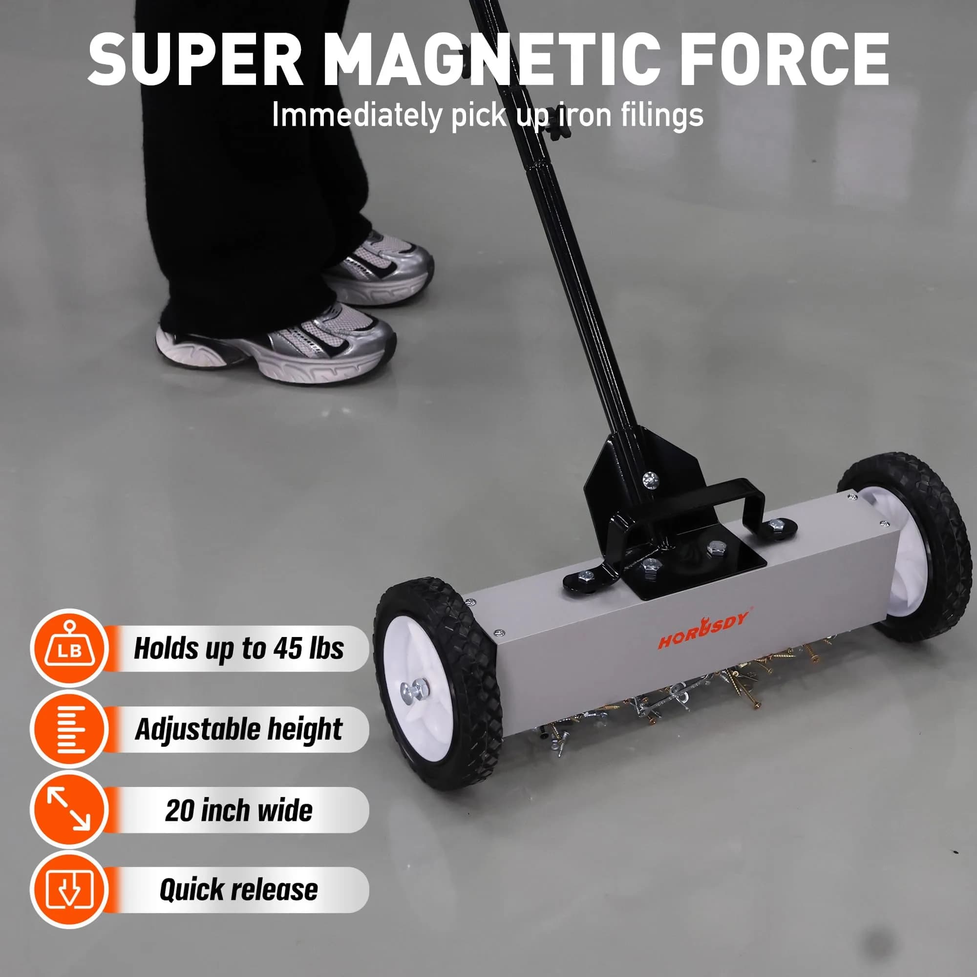 HORUSDY 18-Inch Rolling Magnetic Sweeper with Wheels, 45LBS Pickup Power | Workshop, Garage, Yard Cleanup - view 4