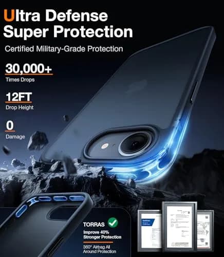 TORRAS Shockproof Case for iPhone 17e & 16e, 12FT Drop Protection, Slim Translucent Black | Heavy Duty Protection thumbnail 2
