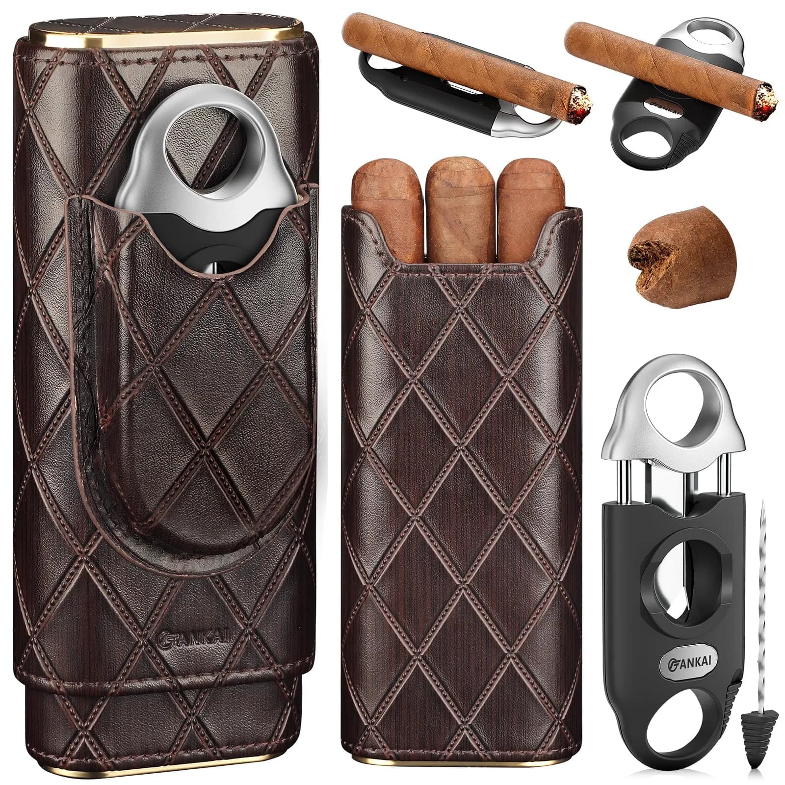 FANKAI Cigar Case with 3 in 1 V Cutter | Travel Humidor Box Cedar Wood Lined (70-120c) - main product image