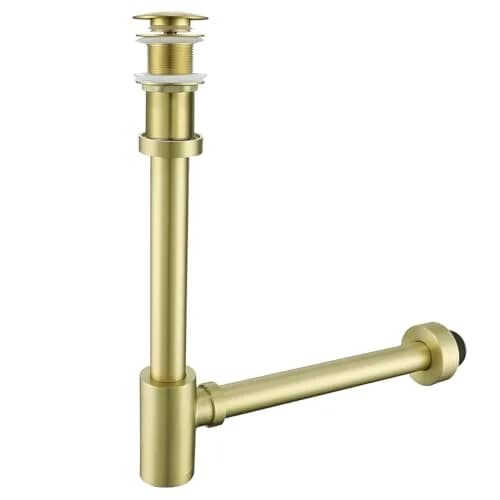 SEABEFORE Brass Round Bottle P-Trap with Pop Up Drain Stopper 1 1/4 | Adjustable, Brushed Gold, No Overflow thumbnail 1