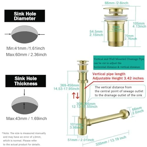SEABEFORE Brass Round Bottle P-Trap with Pop Up Drain Stopper 1 1/4 | Adjustable, Brushed Gold, No Overflow thumbnail 2