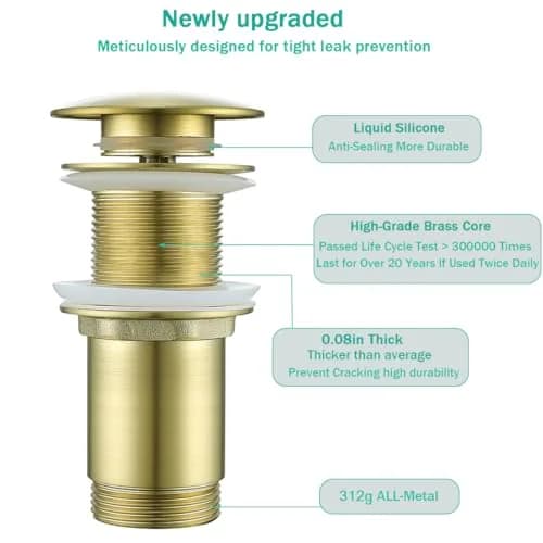 SEABEFORE Brass Round Bottle P-Trap with Pop Up Drain Stopper 1 1/4 | Adjustable, Brushed Gold, No Overflow thumbnail 3