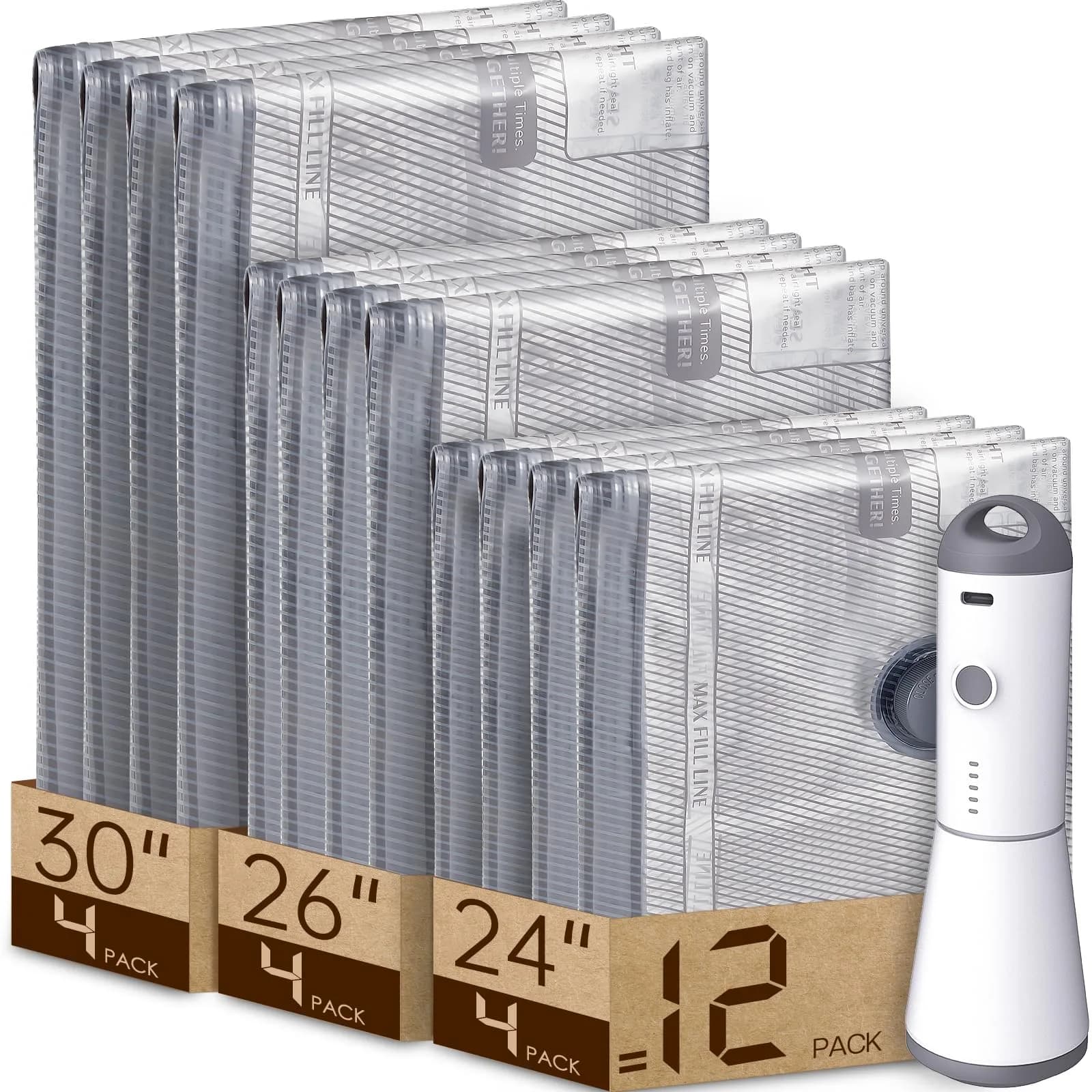 Vacbird Travel Vacuum Seal Bags with Rechargeable Pump (12 Bags, Grey/White) | Reduces Luggage Volume by 80% - main product image