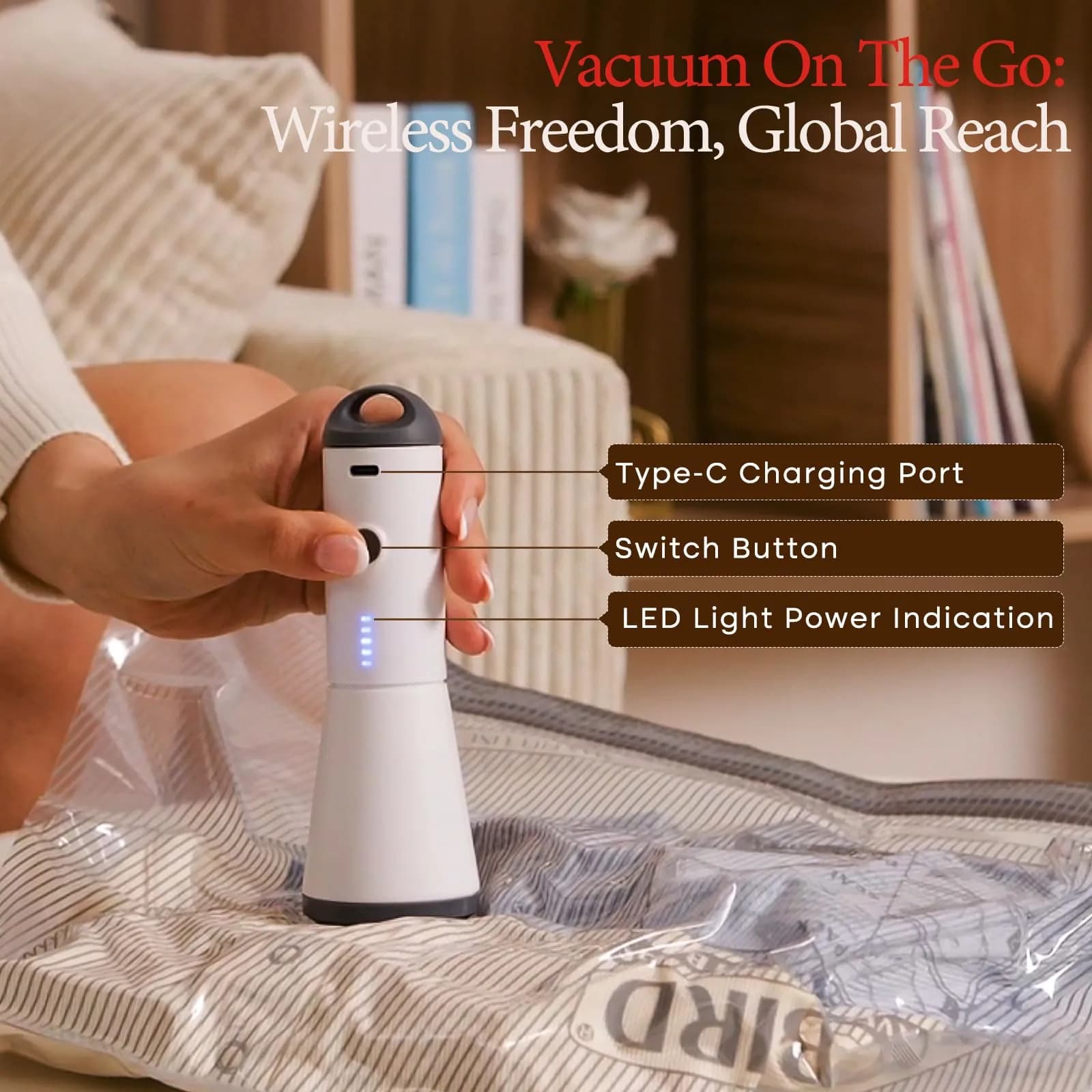 Vacbird Travel Vacuum Seal Bags with Rechargeable Pump (12 Bags, Grey/White) | Reduces Luggage Volume by 80% - view 2