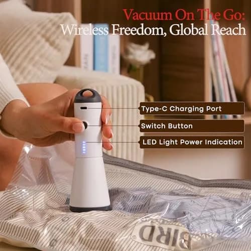 Vacbird Travel Vacuum Seal Bags with Rechargeable Pump (12 Bags, Grey/White) | Reduces Luggage Volume by 80% thumbnail 2