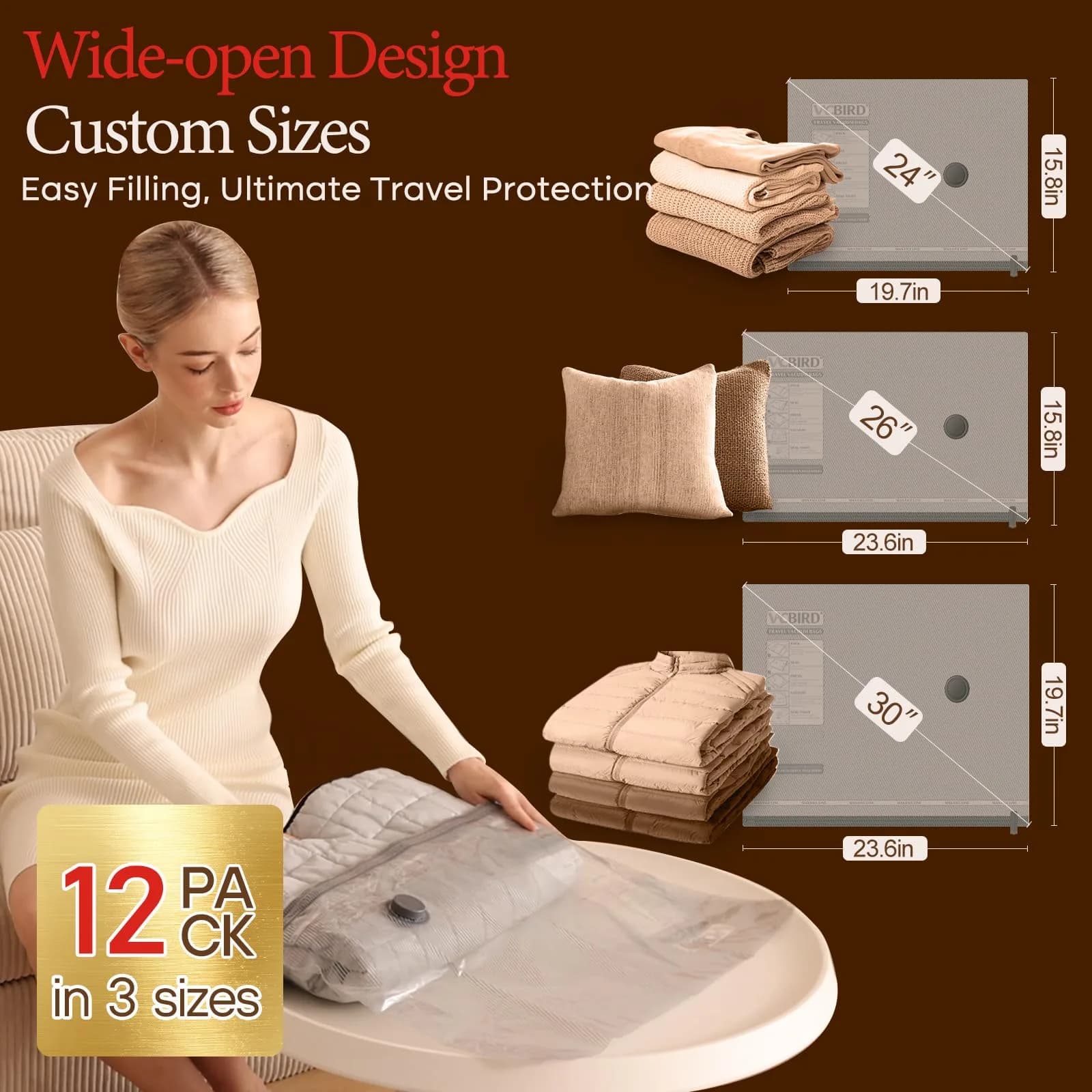 Vacbird Travel Vacuum Seal Bags with Rechargeable Pump (12 Bags, Grey/White) | Reduces Luggage Volume by 80% - view 3
