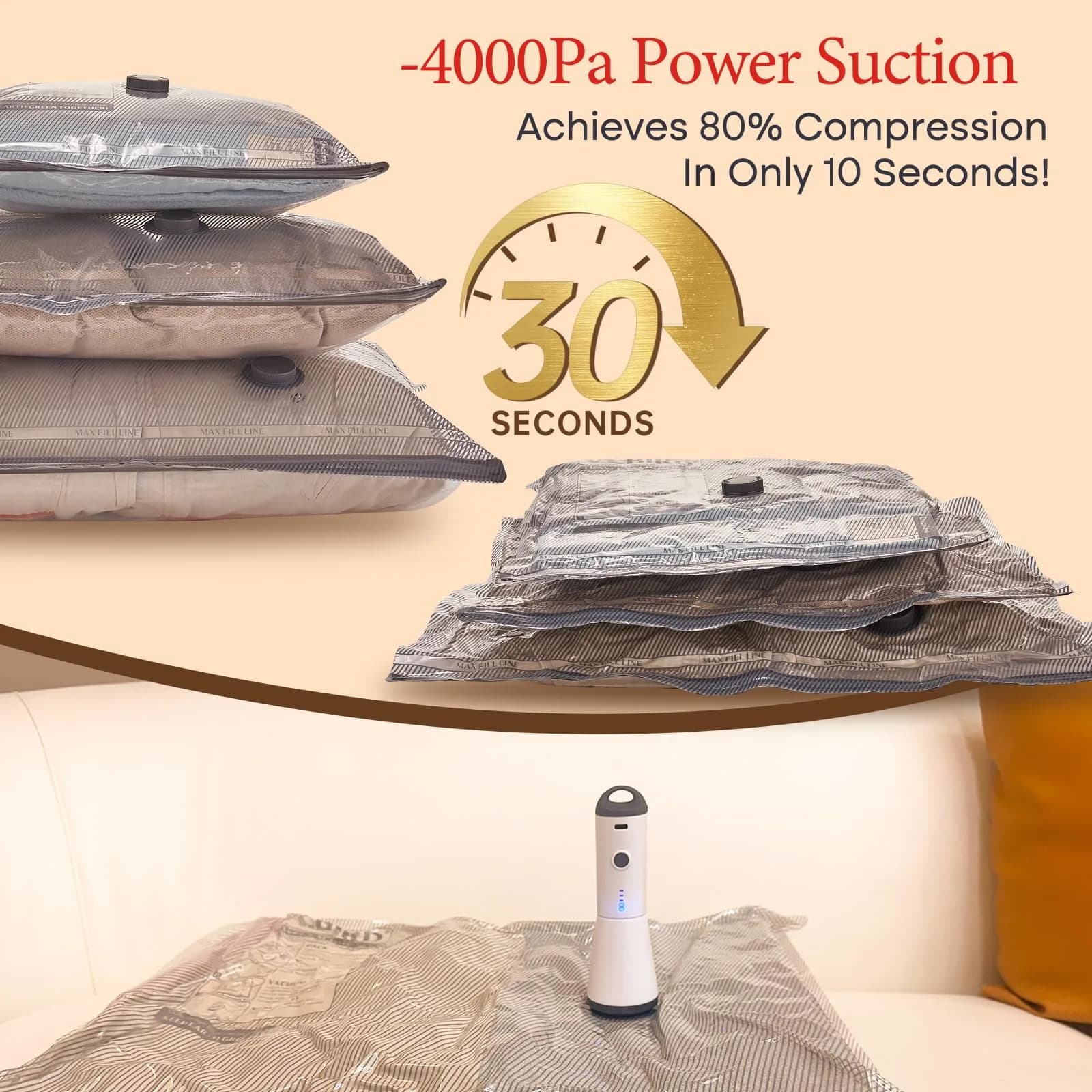 Vacbird Travel Vacuum Seal Bags with Rechargeable Pump (12 Bags, Grey/White) | Reduces Luggage Volume by 80% - view 4