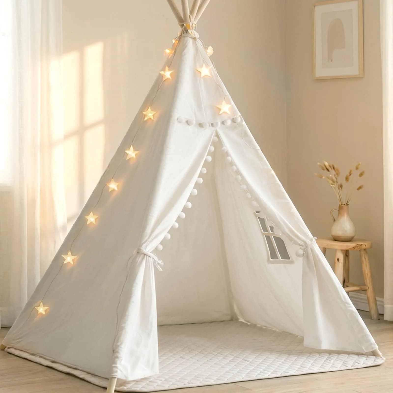 little dove Kids Teepee Tent with Star Lights, Mat & Carry Bag | Magical Indoor & Outdoor Play Space for Kids 3+