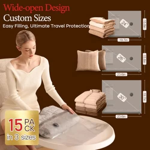 Vacbird Travel Vacuum Bags with Rechargeable Pump & 15 Bags | 15 Combo Travel Size thumbnail 3