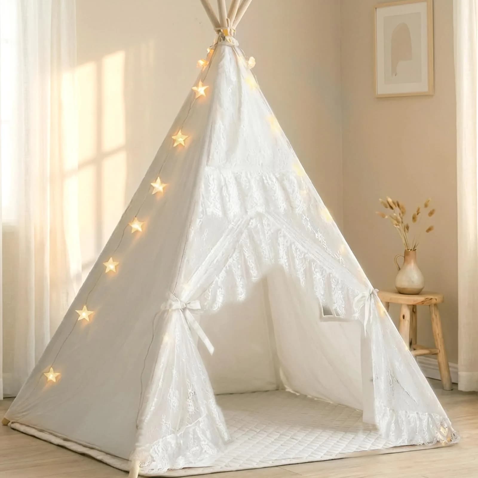 little dove Kids Teepee Tent with Star Lights, Mat & Carry Bag | Cozy Indoor & Outdoor Playhouse for Ages 3+