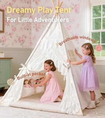 little dove Kids Teepee Tent with Star Lights, Mat & Carry Bag | Cozy Indoor & Outdoor Playhouse for Ages 3+ thumbnail 5