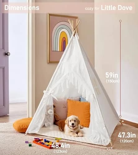 little dove Kids Teepee Tent with Star Lights, Mat & Carry Bag | Cozy Indoor & Outdoor Playhouse for Ages 3+ thumbnail 7