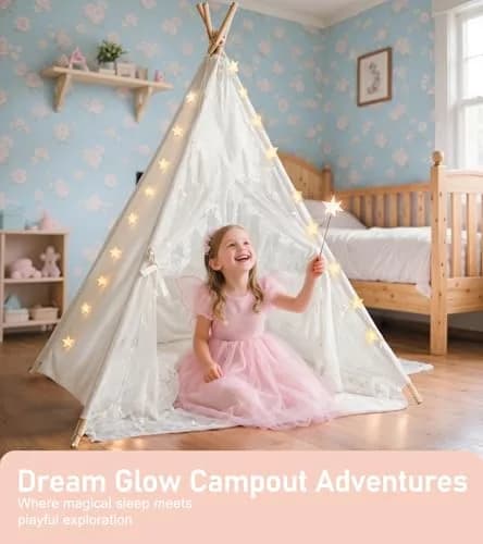 little dove Kids Teepee Tent with Star Lights, Mat & Carry Bag | Cozy Indoor & Outdoor Playhouse for Ages 3+ thumbnail 2