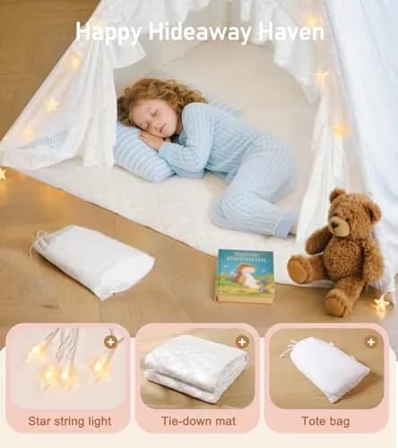 little dove Kids Teepee Tent with Star Lights, Mat & Carry Bag | Cozy Indoor & Outdoor Playhouse for Ages 3+ thumbnail 3