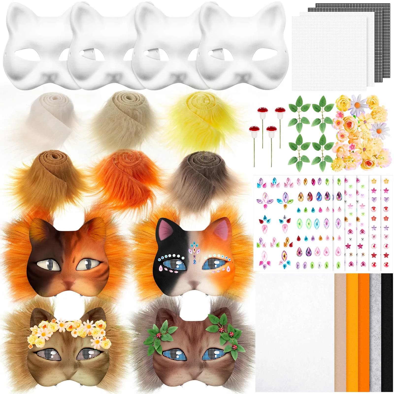 Seenelling 31 Pcs DIY Therian Mask Kit | Blank Cat Mask for Cosplay & Parties — Orange