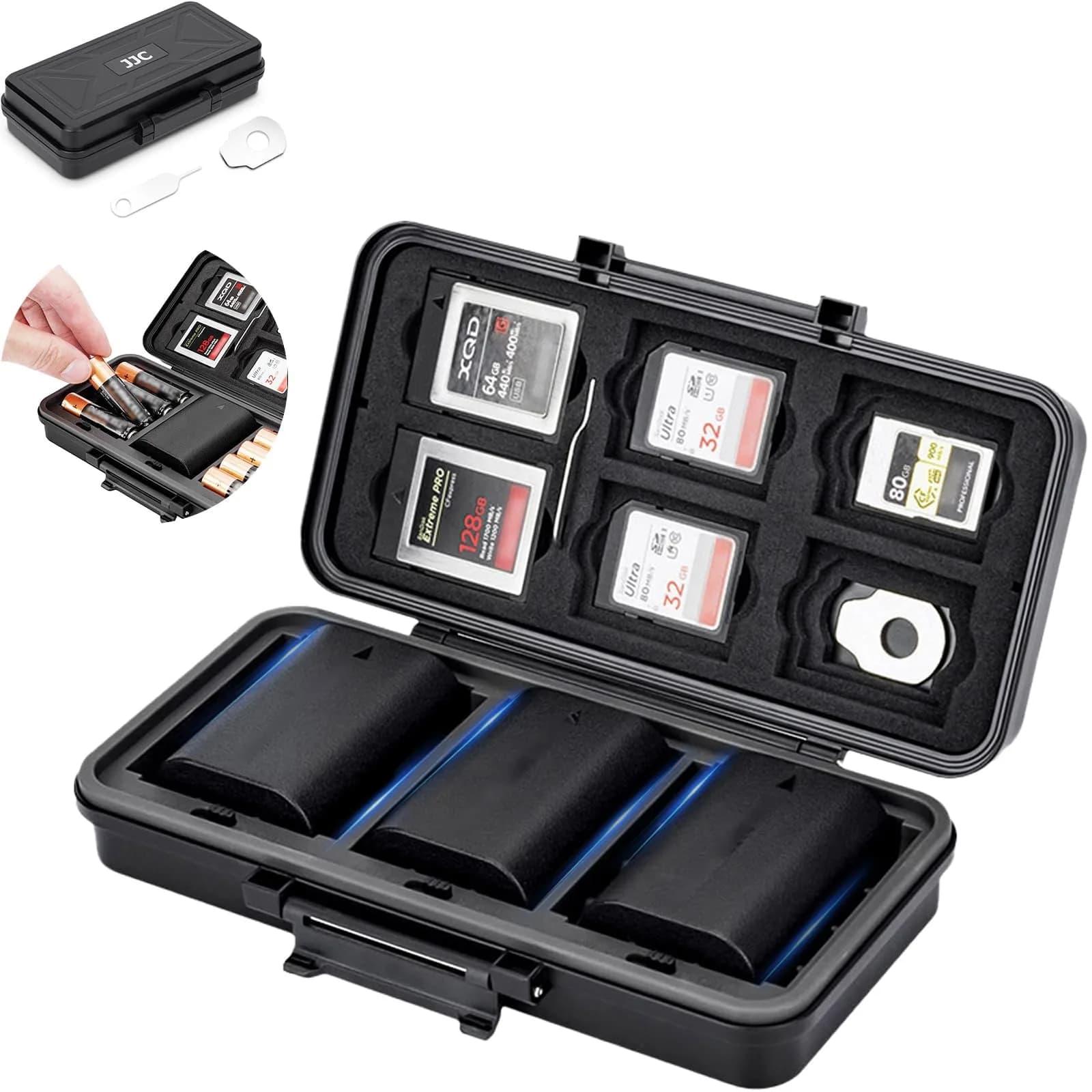 JJC Multi-Function Camera Battery & Memory Card Case for Canon LP-E6 Sony NP-FZ100, Water-Resistant & Shockproof (Water-Resistant & Shockproof Case for SD CFexpress Type A B XQD Cards, AA Batteries | Compact & Durable)