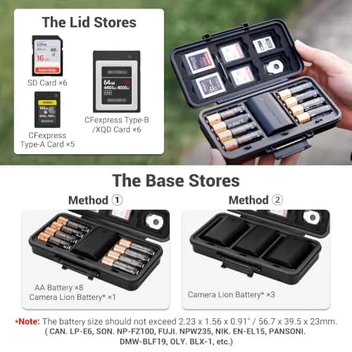 JJC Multi-Function Camera Battery & Memory Card Case for Canon LP-E6 Sony NP-FZ100, Water-Resistant & Shockproof (Water-Resistant & Shockproof Case for SD CFexpress Type A B XQD Cards, AA Batteries | Compact & Durable) thumbnail 2