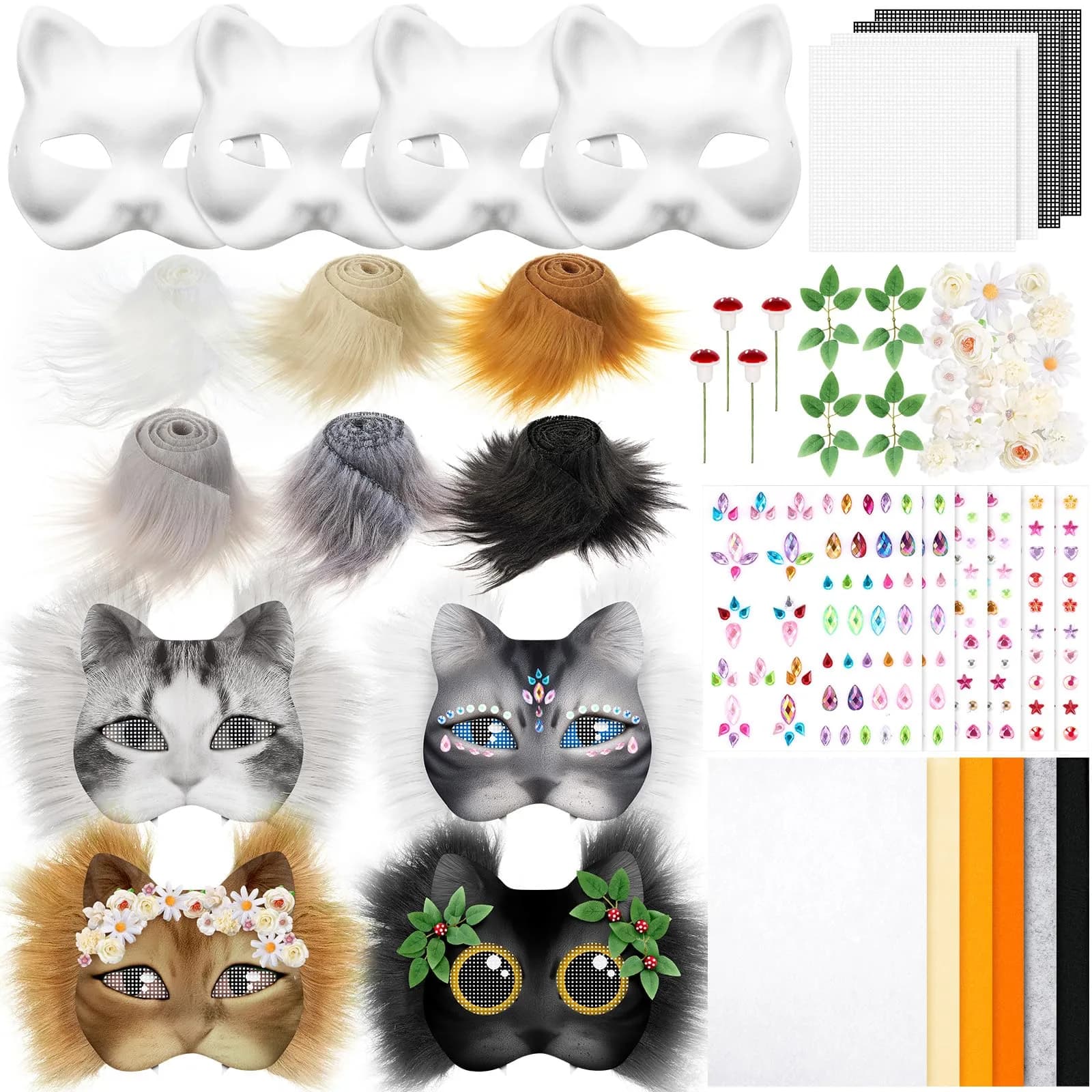 Seenelling 31 Pcs DIY Therian Mask Kit, Blank Cat Mask, Cream | Unisex Adult Costume Mask