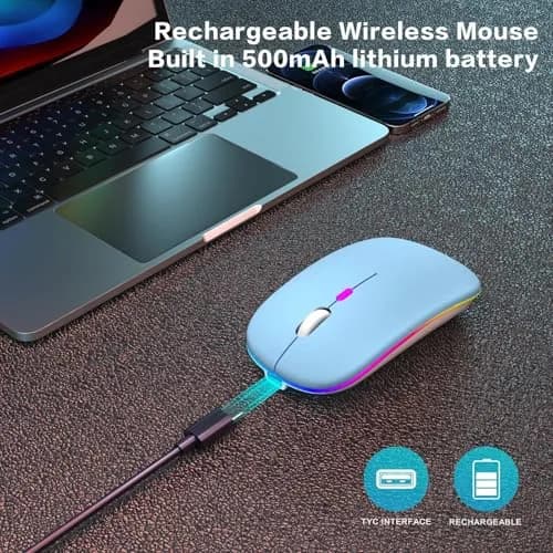 AIKOKOK Wireless Bluetooth Mouse, Rechargeable Dual Mode, Blue | Slim, Silent, Portable with LED Atmosphere thumbnail 3