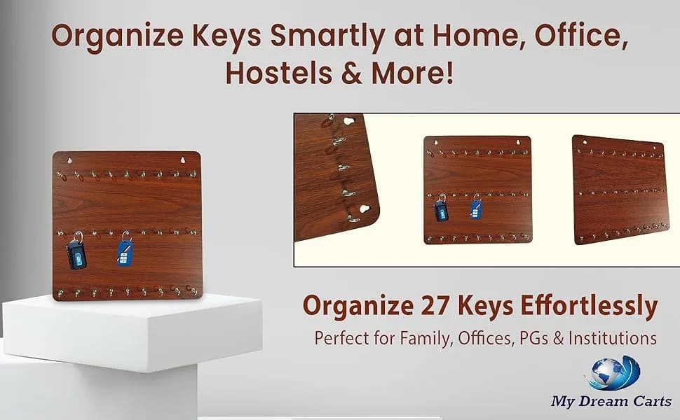 My Dream Carts Wooden Key Holder with 27 Hooks | Matte Brown Finish, 30x30cm - view 2