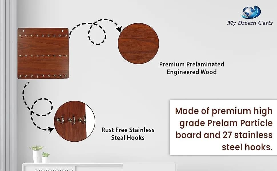 My Dream Carts Wooden Key Holder with 27 Hooks | Matte Brown Finish, 30x30cm thumbnail 3