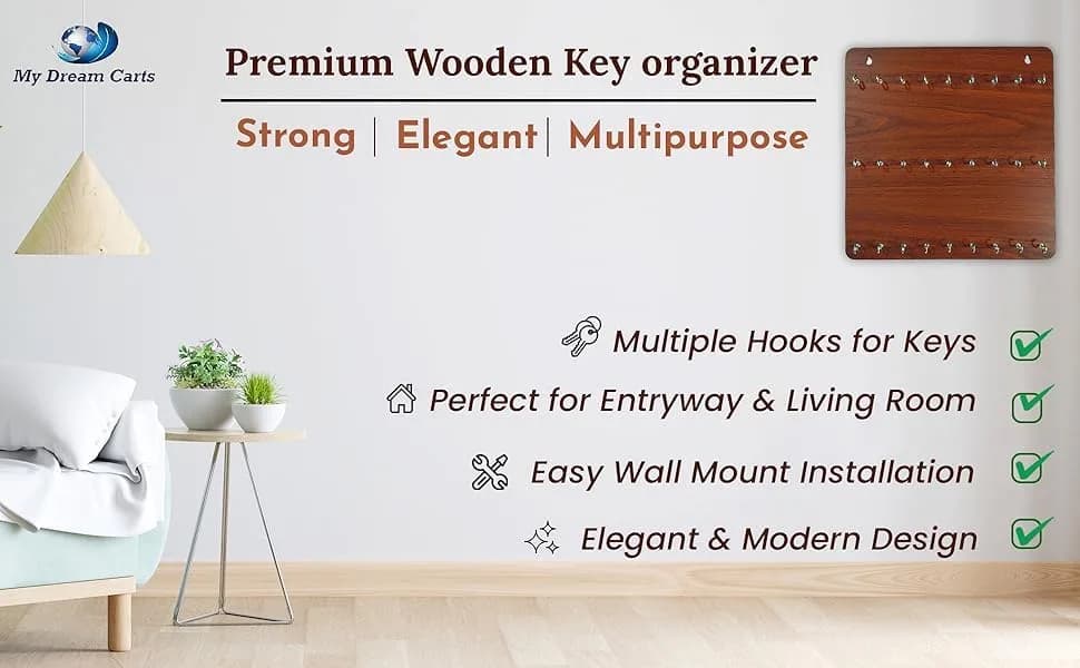 My Dream Carts Wooden Key Holder with 27 Hooks | Matte Brown Finish, 30x30cm - view 4