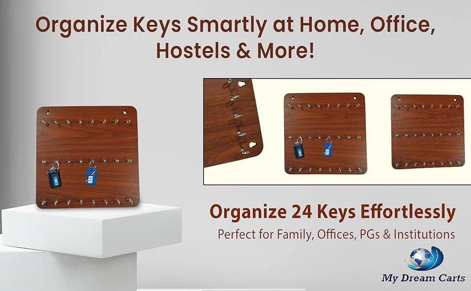 My Dream Carts Wooden Key Holder with 24 Hooks | Matte Brown Finish, 30x30cm thumbnail 2