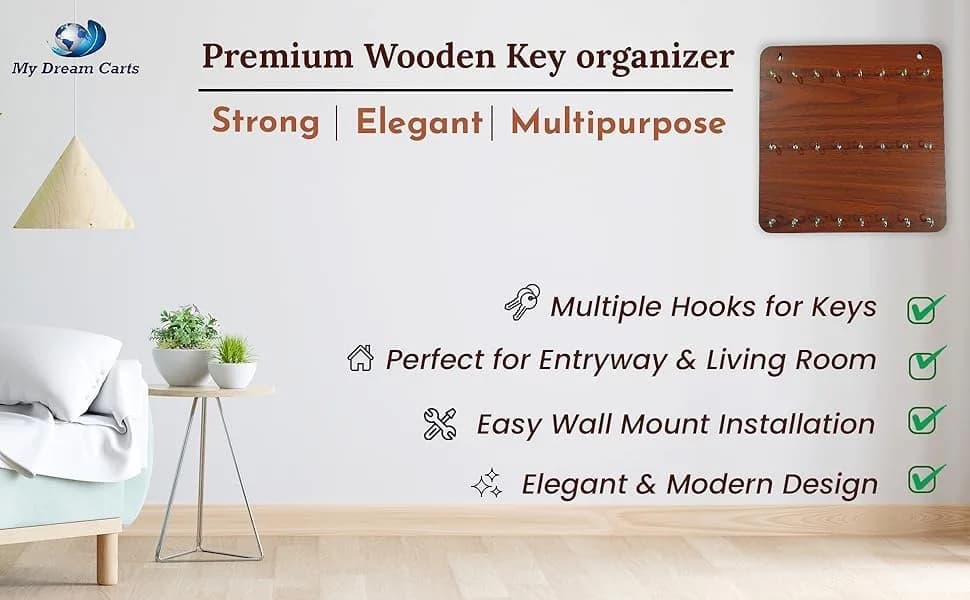 My Dream Carts Wooden Key Holder with 24 Hooks | Matte Brown Finish, 30x30cm - view 4