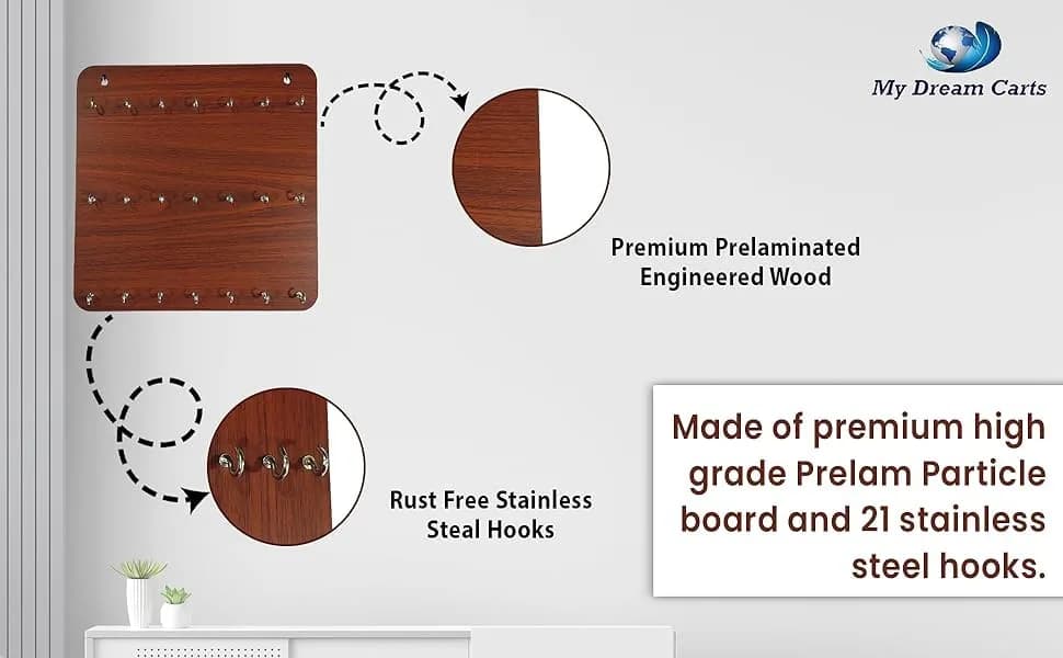 My Dream Carts Wooden Key Holder with 21 Hooks | 30cm (11.81 inch) Matte Brown Wall Mount - view 3
