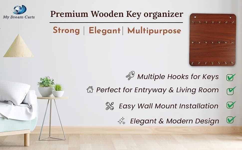 My Dream Carts Wooden Key Holder with 21 Hooks | 30cm (11.81 inch) Matte Brown Wall Mount - view 4