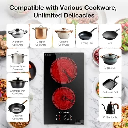 BLITZHOME Electric Stove Top 2 Burner | 12-inch Ceramic Cooktop with 9 Power Levels & Timer thumbnail 6