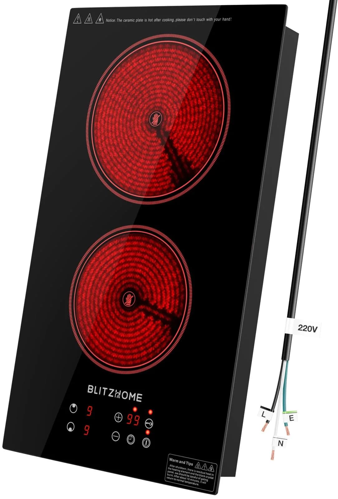 BLITZHOME Electric Stove Top 2 Burner | 12-inch Ceramic Cooktop with 9 Power Levels & Timer