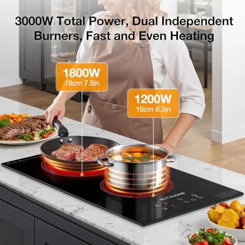 BLITZHOME Electric Stove Top 2 Burner | 12-inch Ceramic Cooktop with 9 Power Levels & Timer thumbnail 2