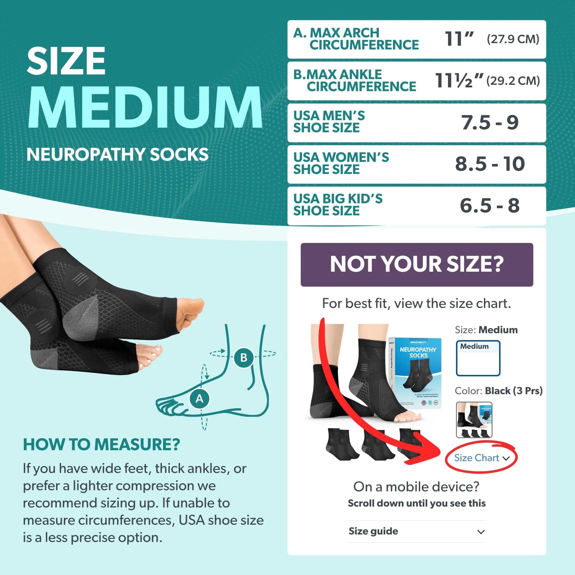 BraceAbility Neuropathy Socks - Medium, Black, 3 Pairs | FDA Approved Medical Compression for Nerve Pain - view 2