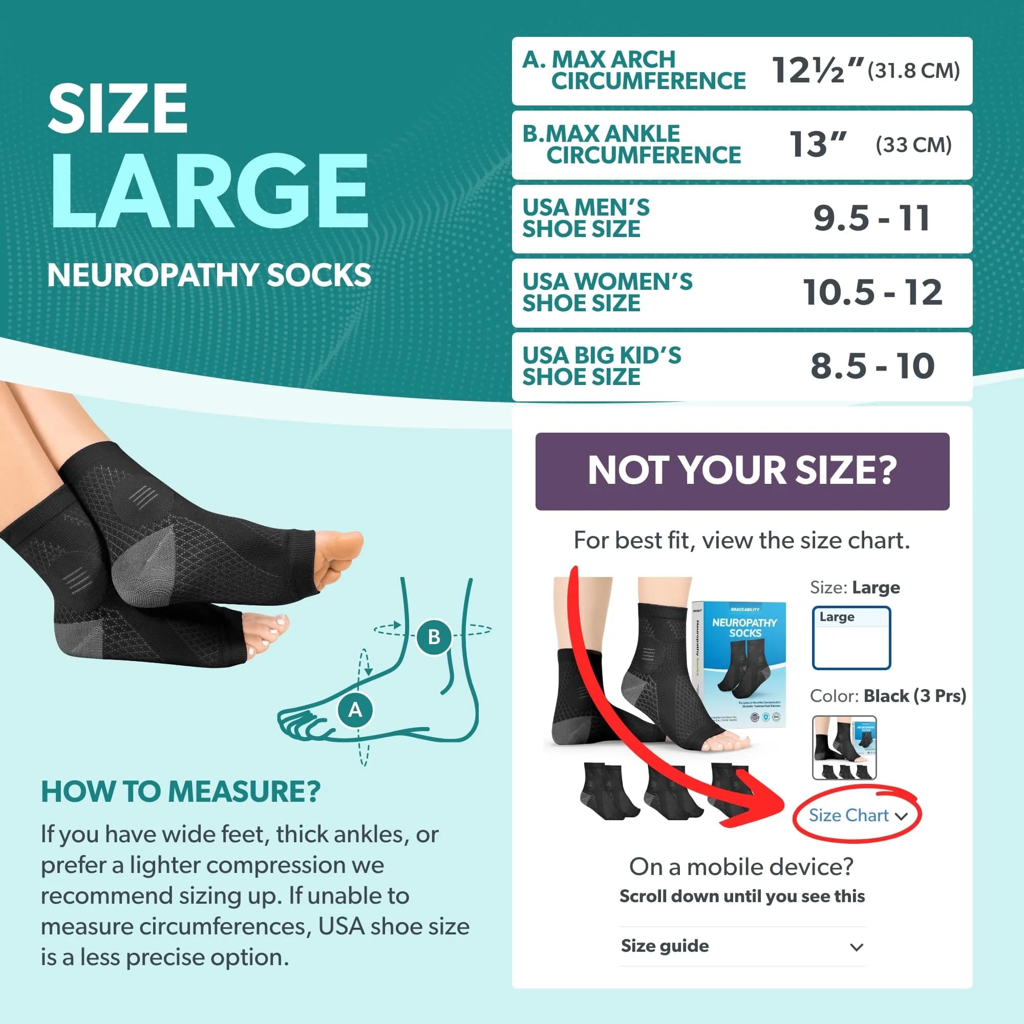 BraceAbility Large Black Neuropathy Socks - 3 Pairs | FDA Approved Medical Compression for Nerve Pain Relief - view 2