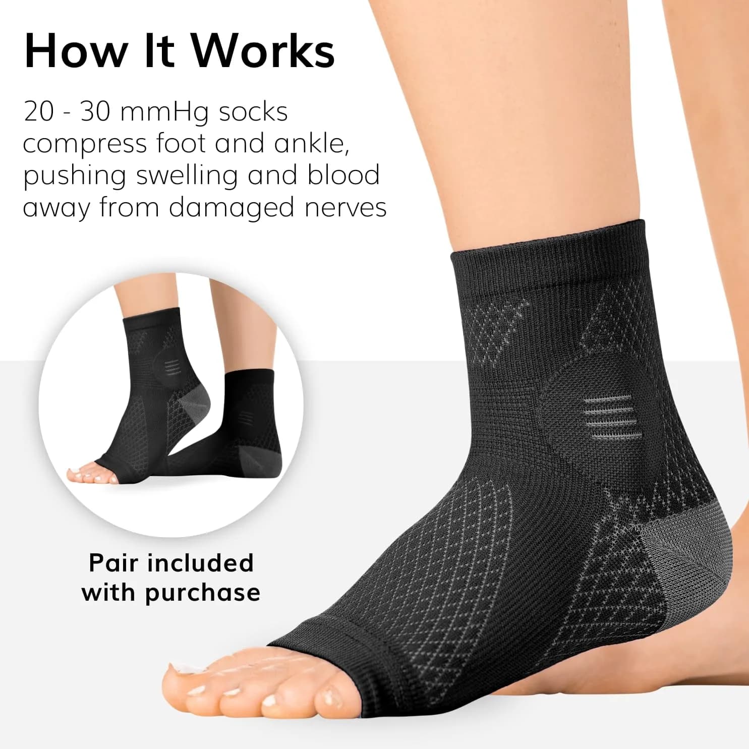 BraceAbility Neuropathy Socks Small Black - 3 Pairs | FDA Approved Medical Compression Garment for Nerve Pain - view 4