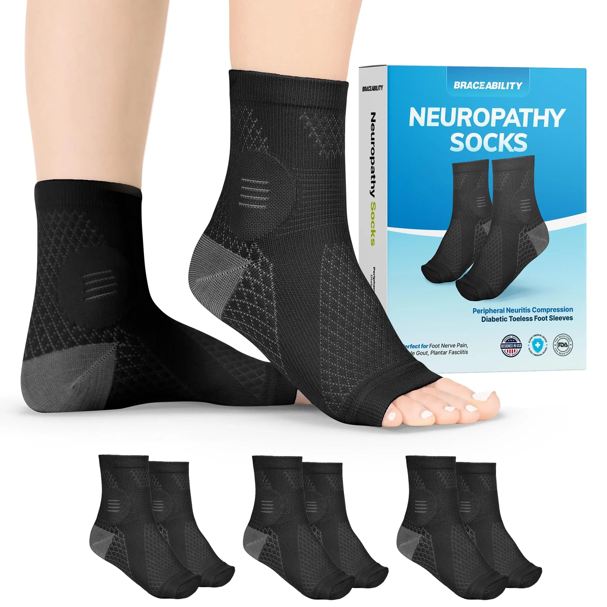 BraceAbility Neuropathy Socks Small Black - 3 Pairs | FDA Approved Medical Compression Garment for Nerve Pain - main product image