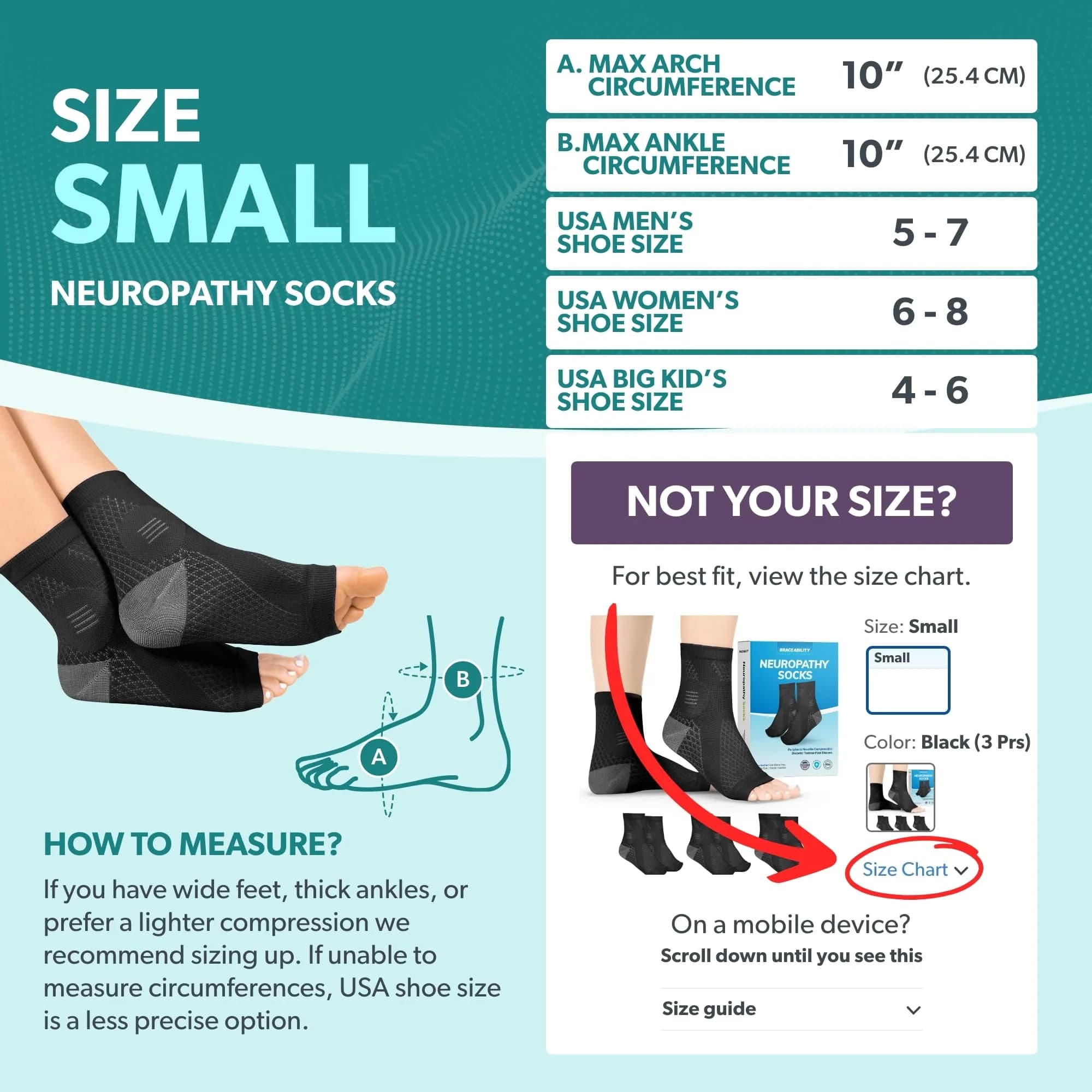 BraceAbility Neuropathy Socks Small Black - 3 Pairs | FDA Approved Medical Compression Garment for Nerve Pain - view 2