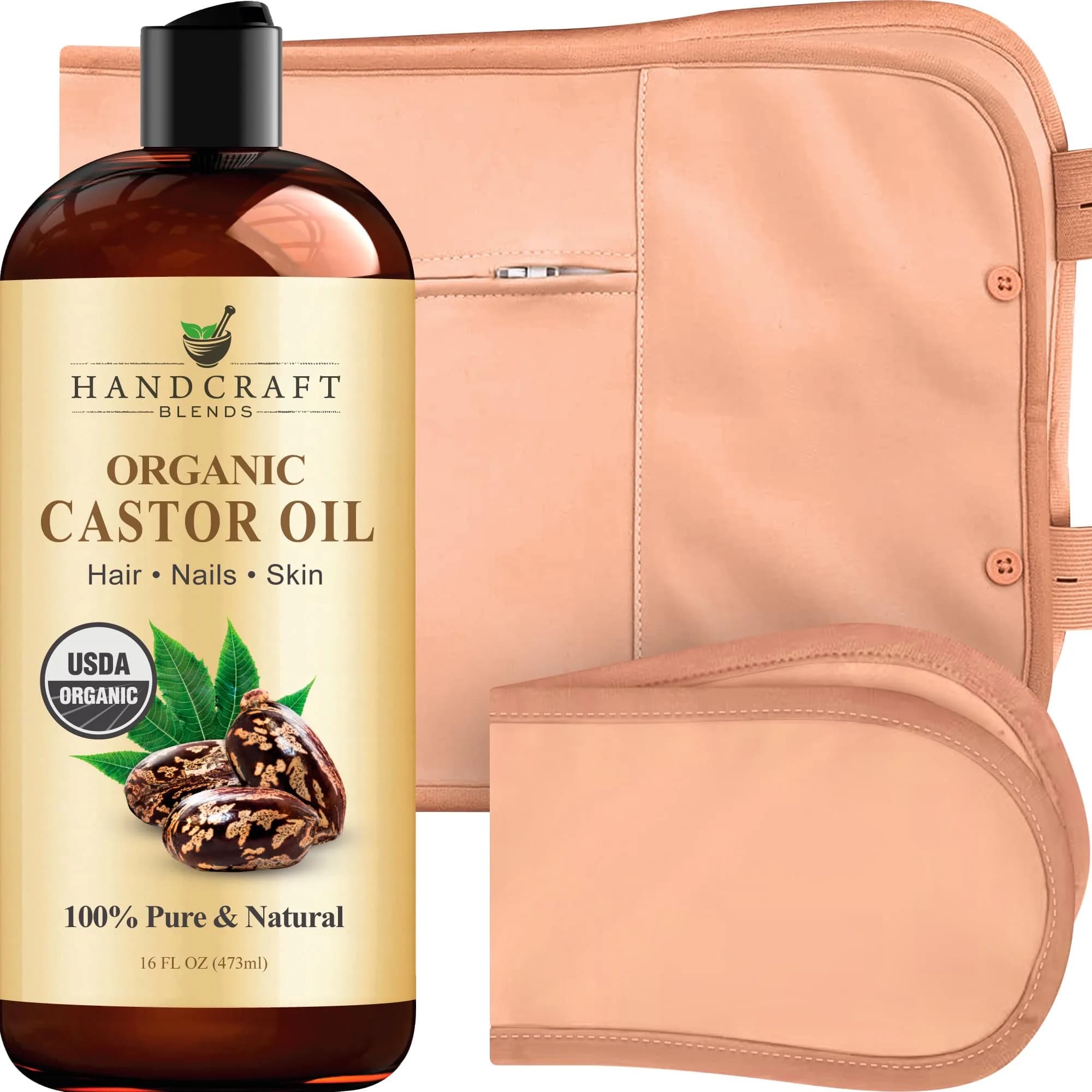 Handcraft Blends Organic Castor Oil with Pack Wrap 473ml (16 Fl Oz) | USDA Certified Pure & Natural — Castor Oil Pack Wrap